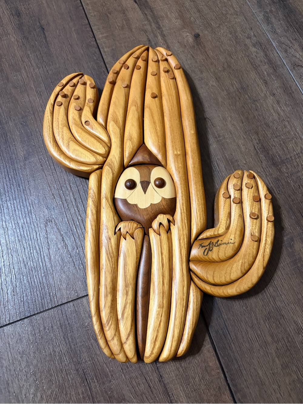 VTG Signed Randy & Sue Birocci Intarsia Wood Owl in Saguaro Cactus Wall Art 3D